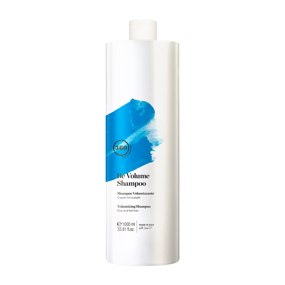 Large white 360 Be Volume Shampoo bottle with a blue label