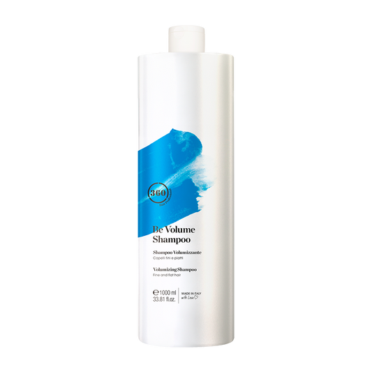 Large white 360 Be Volume Shampoo bottle with a blue label