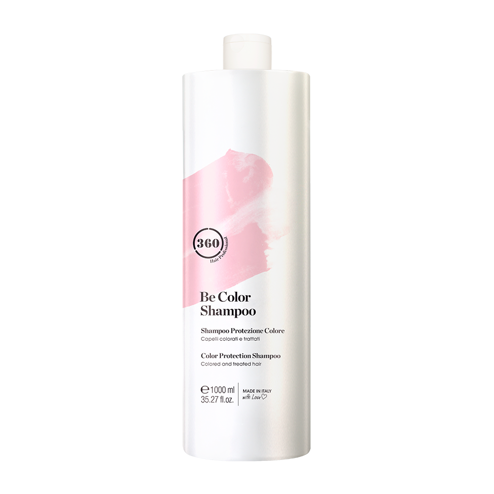 Large white 360 Be Color Shampoo bottle with a pink label