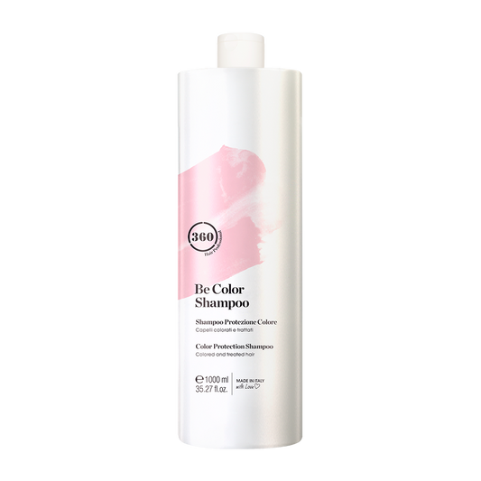 Large white 360 Be Color Shampoo bottle with a pink label