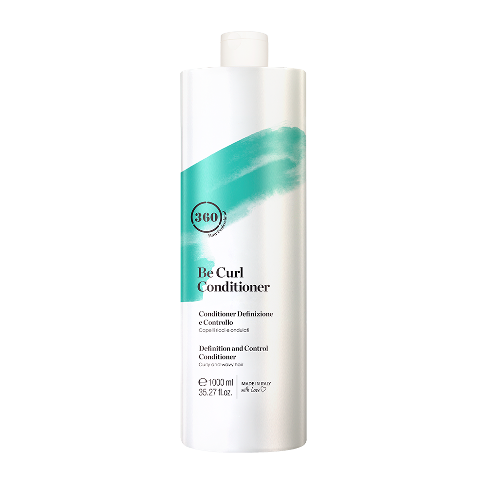 Large white 360 Be Curl Conditioner bottle with a turquoise label