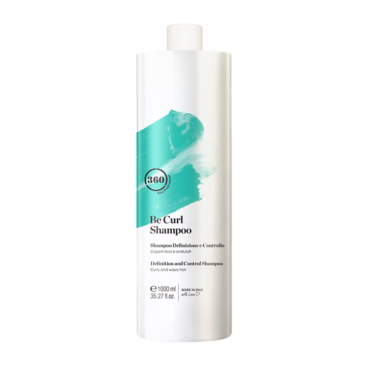 Large white 360 Be Curl Shampoo bottle with a turquoise label