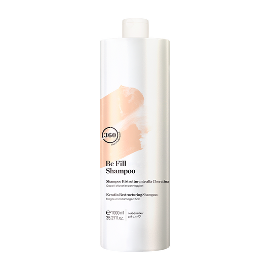 Large white 360 Be Fill Shampoo bottle with a peach label