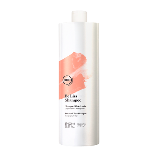 Large white 360 Be Liss Shampoo bottle with a coral label