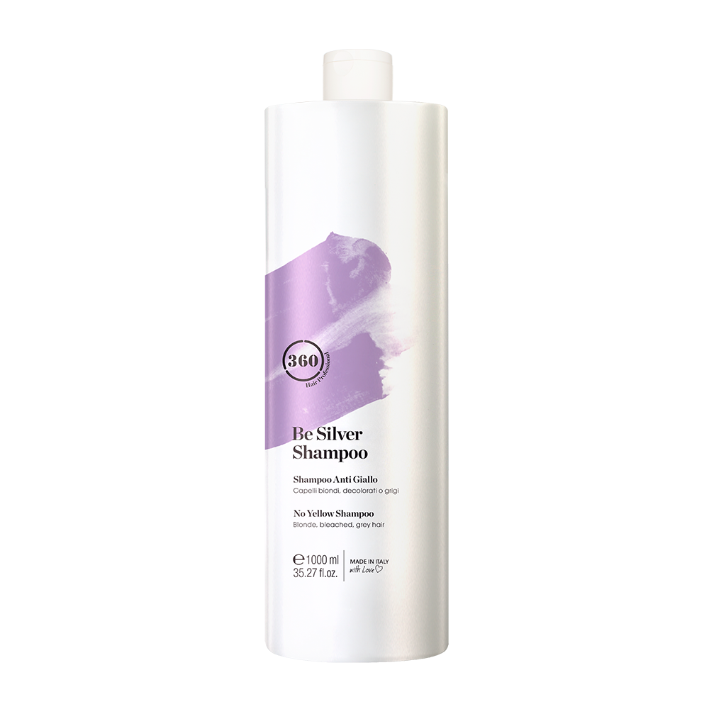 Large white 360 Be Silver Shampoo bottle with a purple label
