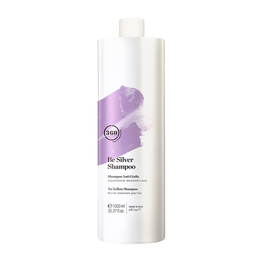 Large white 360 Be Silver Shampoo bottle with a purple label