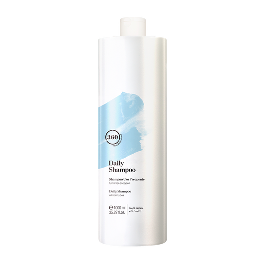 Large white 360 Daily Shampoo bottle with a light blue label