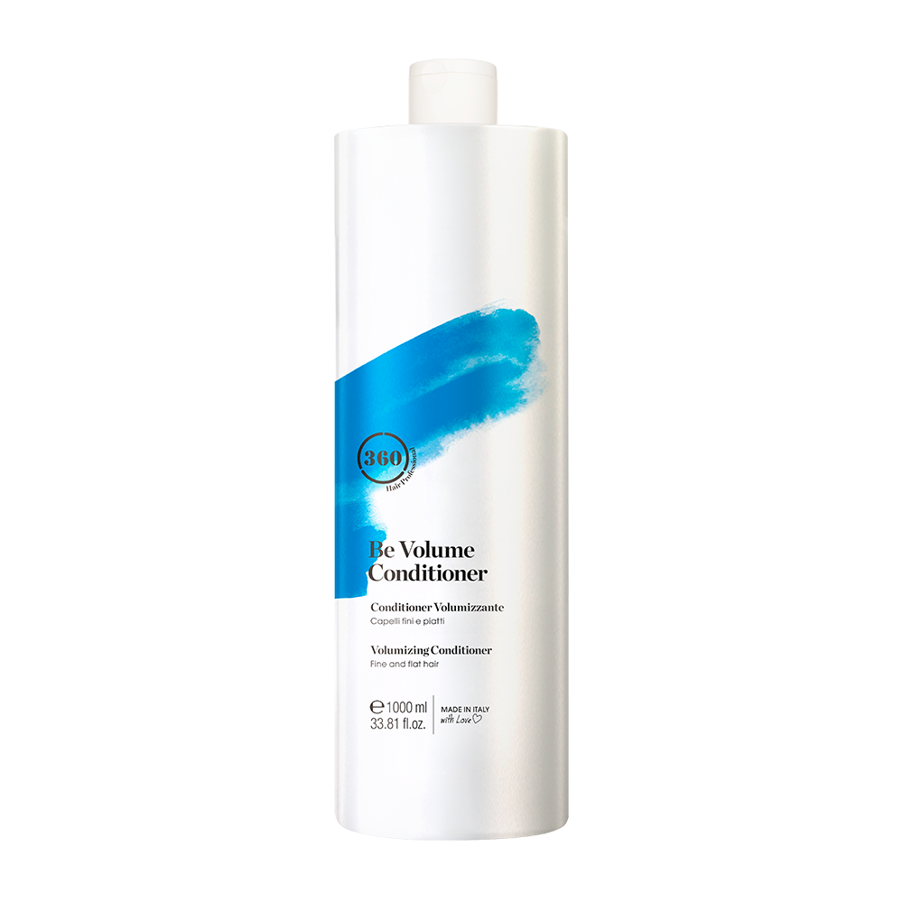 Large white 360 Be Volume Conditioner bottle with a blue label