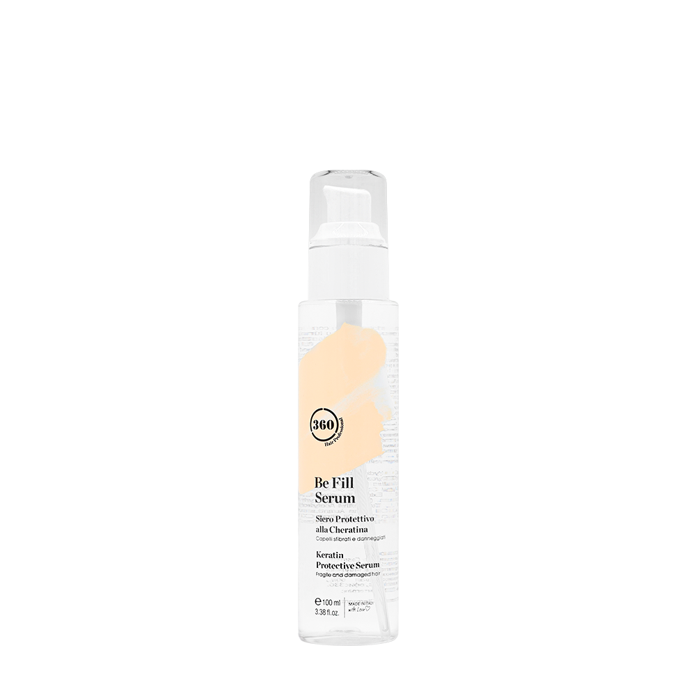 Clear 360 Be Fill Serum pump bottle with a peach label