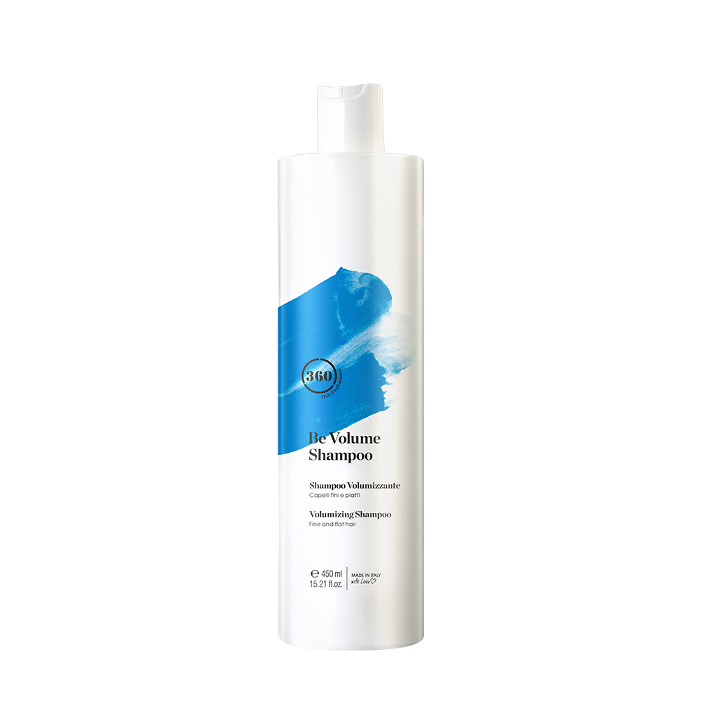 Large white 360 Be Volume Shampoo bottle with a blue label