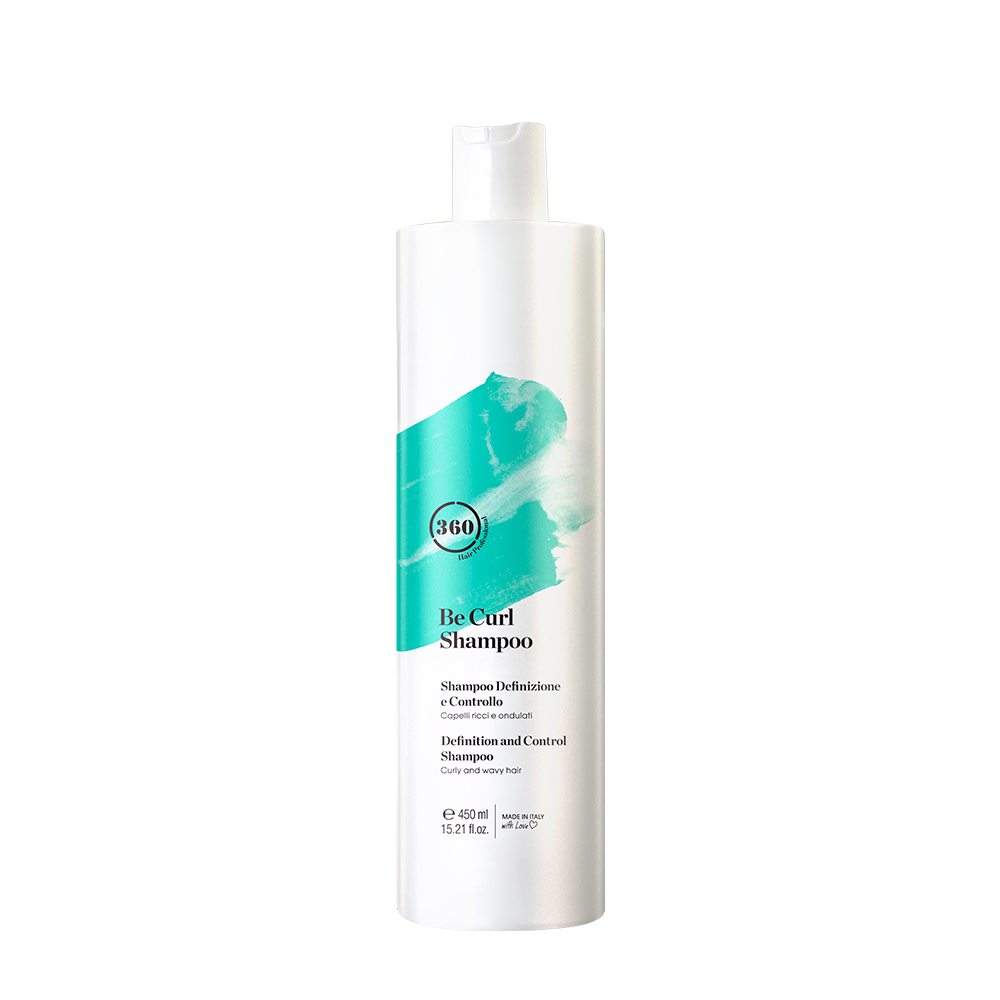 White 360 Be Curl Shampoo bottle with a turquoise label