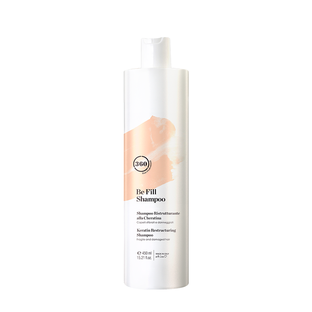 White 360 Be Fill Shampoo bottle with a peach label