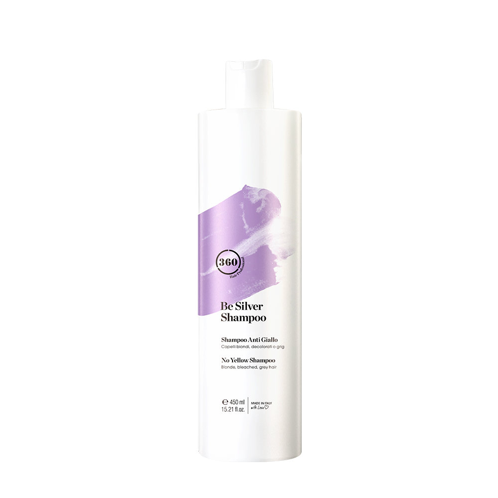 White 360 Be Silver Shampoo bottle with a purple label