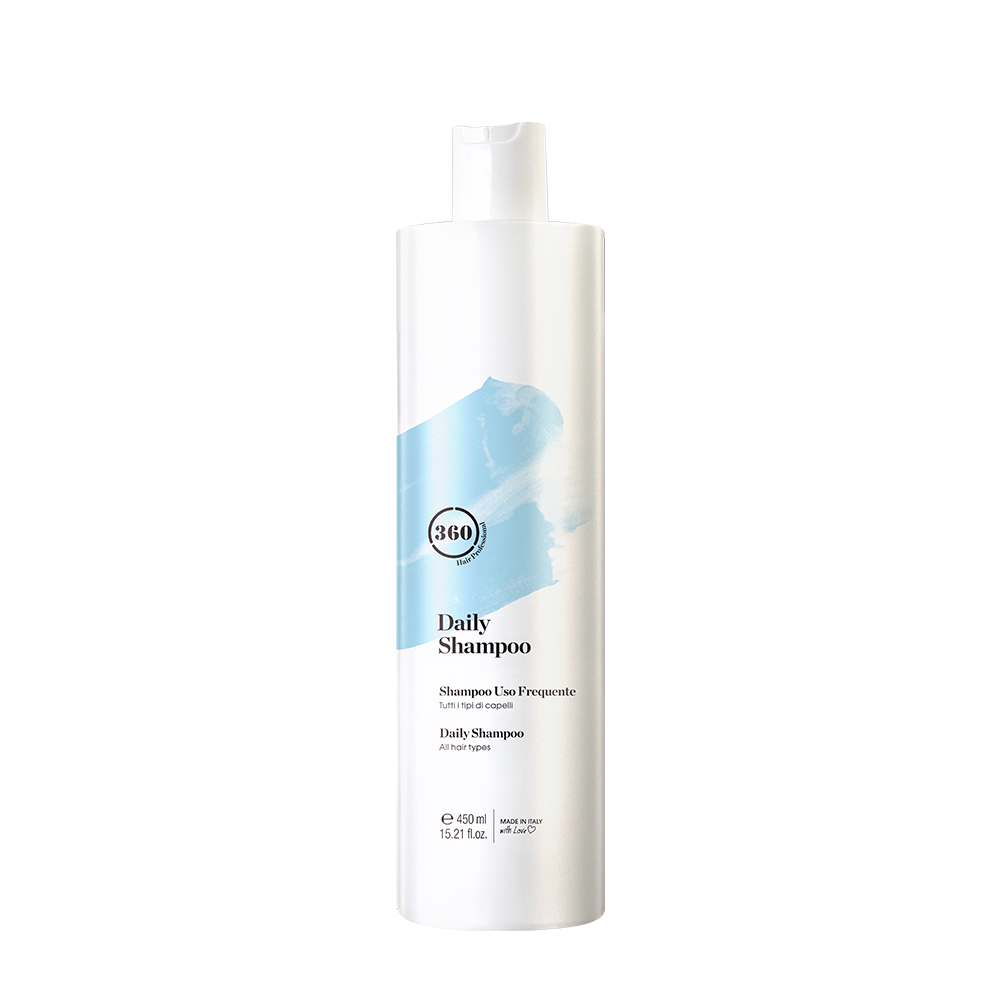 White 360 Daily Shampoo bottle with a light blue label