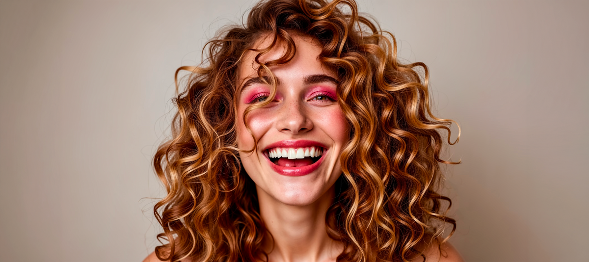 Smiling woman with long red curly hair