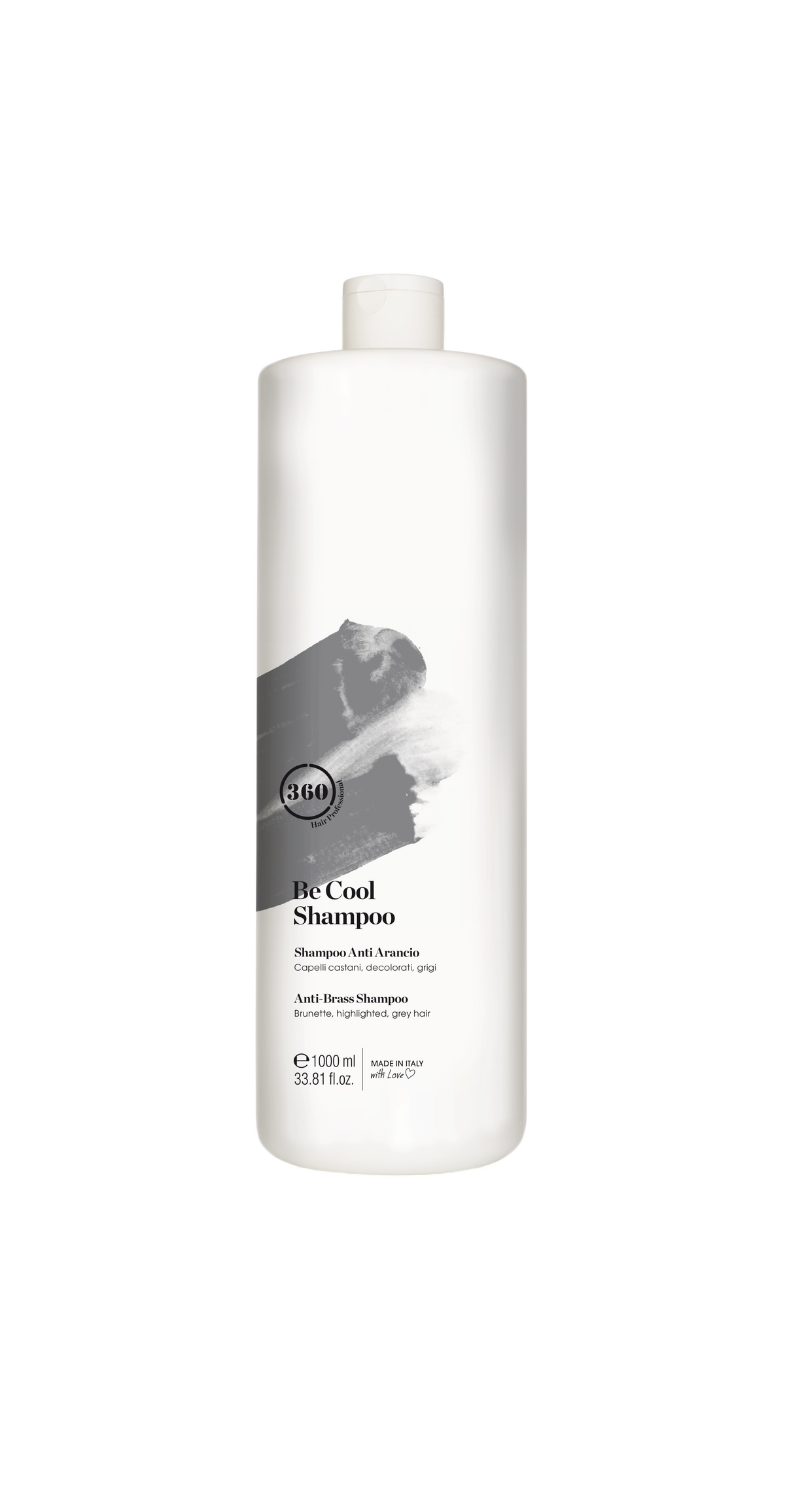 Large white 360 Be Cool Shampoo bottle with a gray label